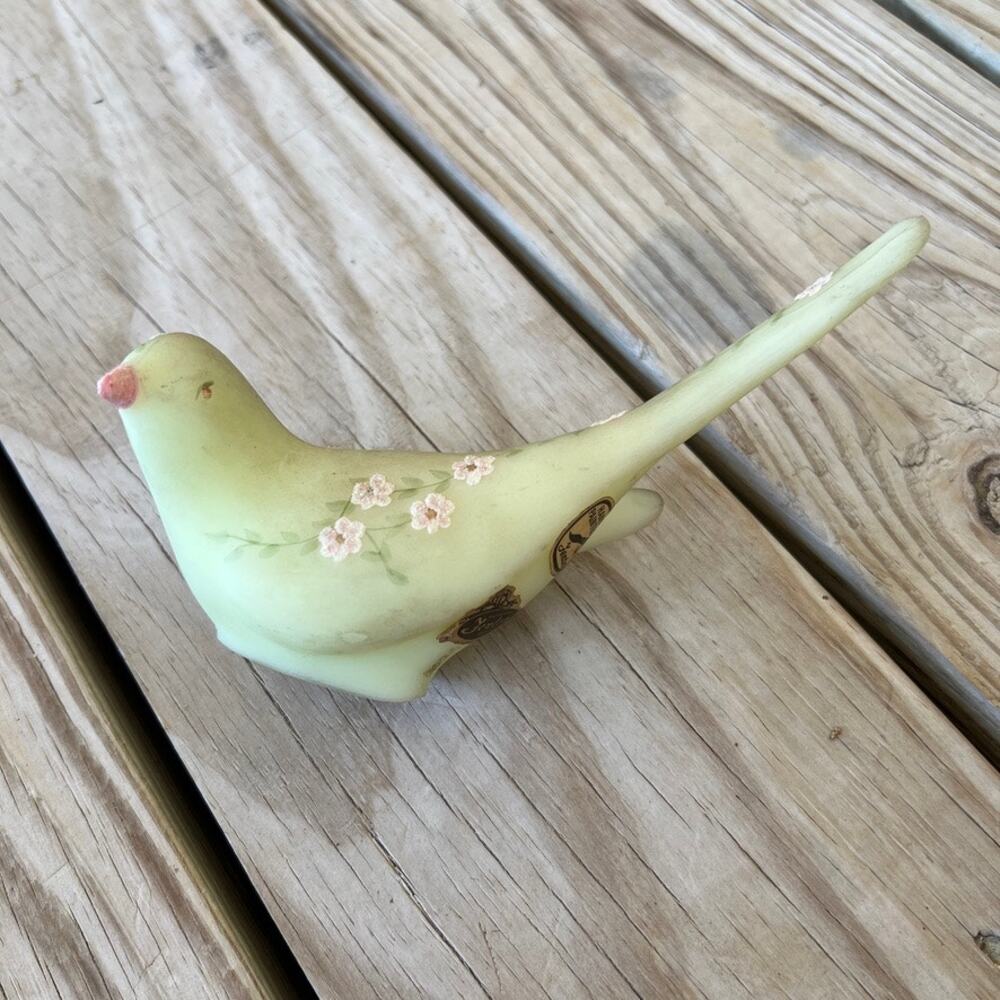 Fenton Custard Uranium Glass Happiness Bird Painted Flowers Signed Stickers
